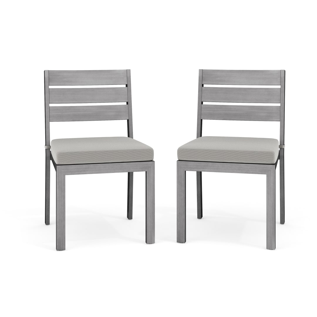 Bedford Set of 2 Indoor-Outdoor Stackable Patio Dining Chairs with Gray Brushed Woodgrain Aluminum Finish and Gray All-Weather Seat Cushions
