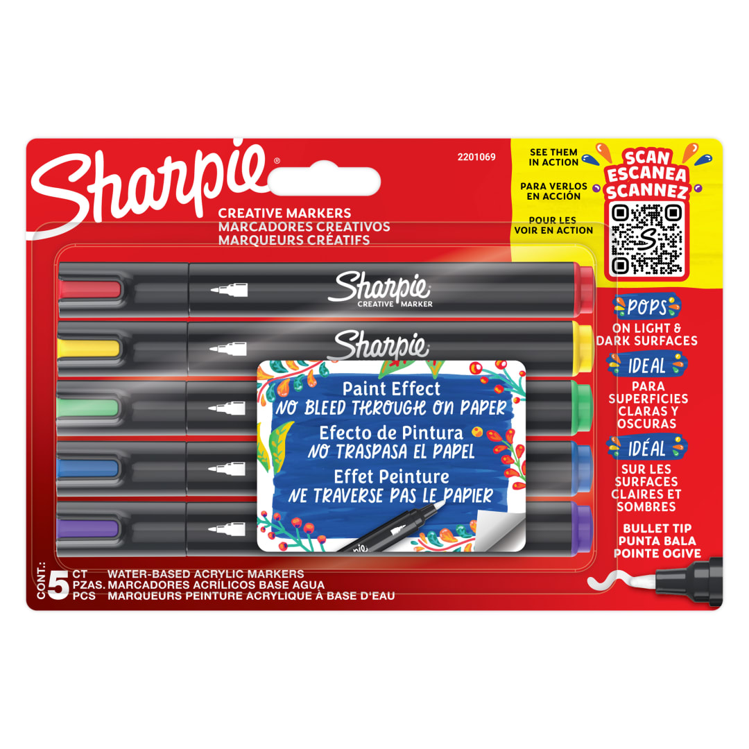 Sharpie® Creative Marker Acrylic Paint Pens | Water-Based Paint Markers | No-Bleed Ink Writes on Most Surfaces | Bullet Tip | Assorted Colours | 5 Count