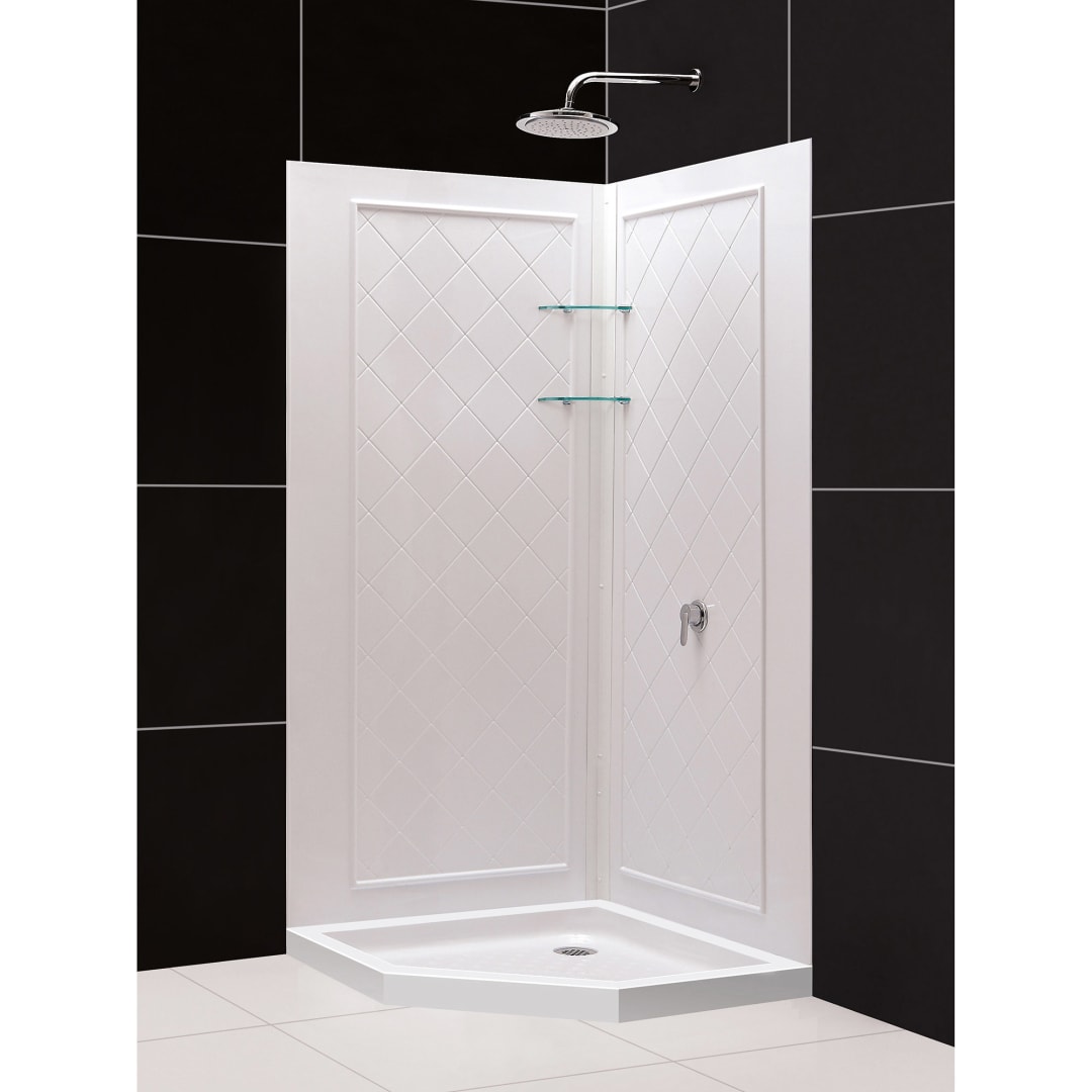 DreamLine 42 inch D x 42 inch W x 76 3/4 inch H Corner Drain Neo-Angle Shower Base and QWALL-4 Wall Kit in White