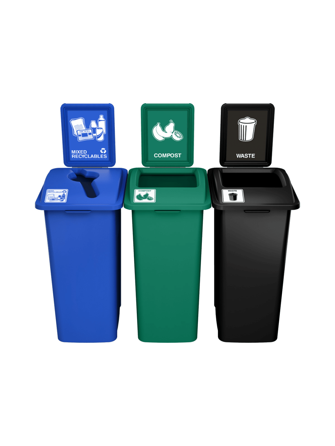 WASTE WATCHER - Triple - Kit - Xl - Mixed Recyclables-Compost-Waste - Mixed-Full - Blue-Green-Black