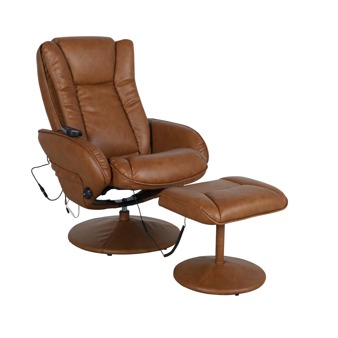 Poppy Massaging Multi-Position Plush Recliner with Side Pocket and Ottoman in Brown LeatherSoft