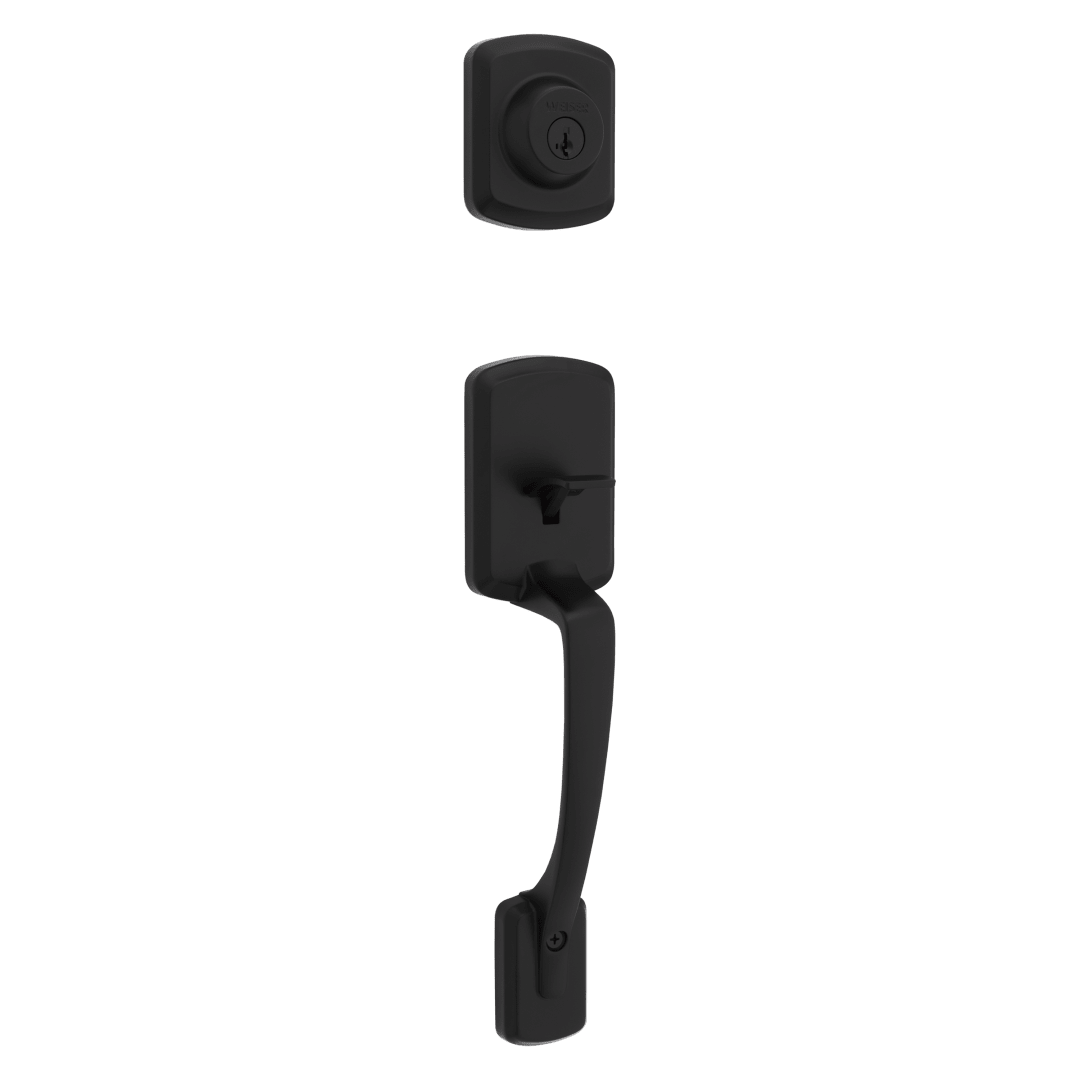Henley Single Cylinder Handleset with Round Henley Lever featuring SmartKey Security™ in Matte Black