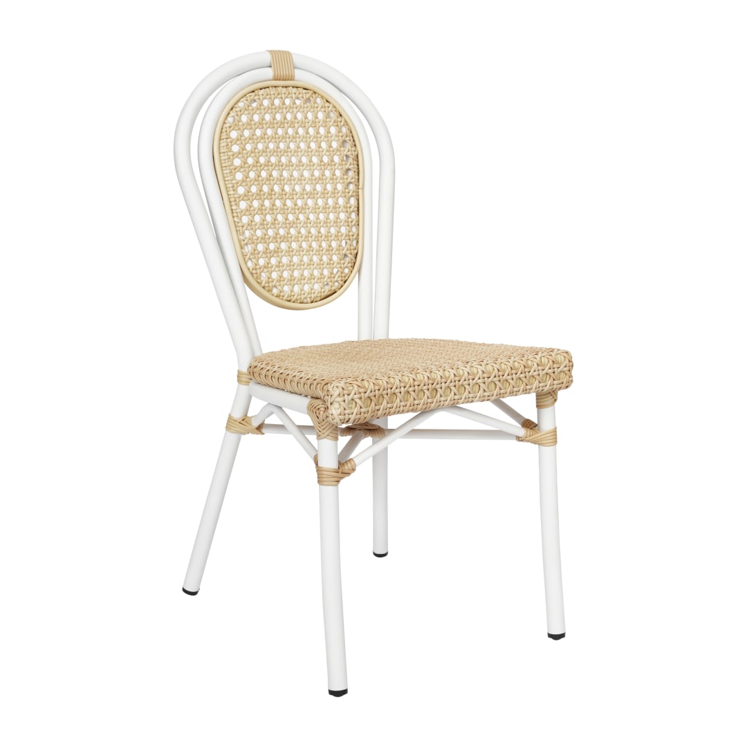 Cannes Indoor/Outdoor Commercial Thonet Bistro Stacking Chair, Natural PE Cane Rattan and White Aluminum Frame
