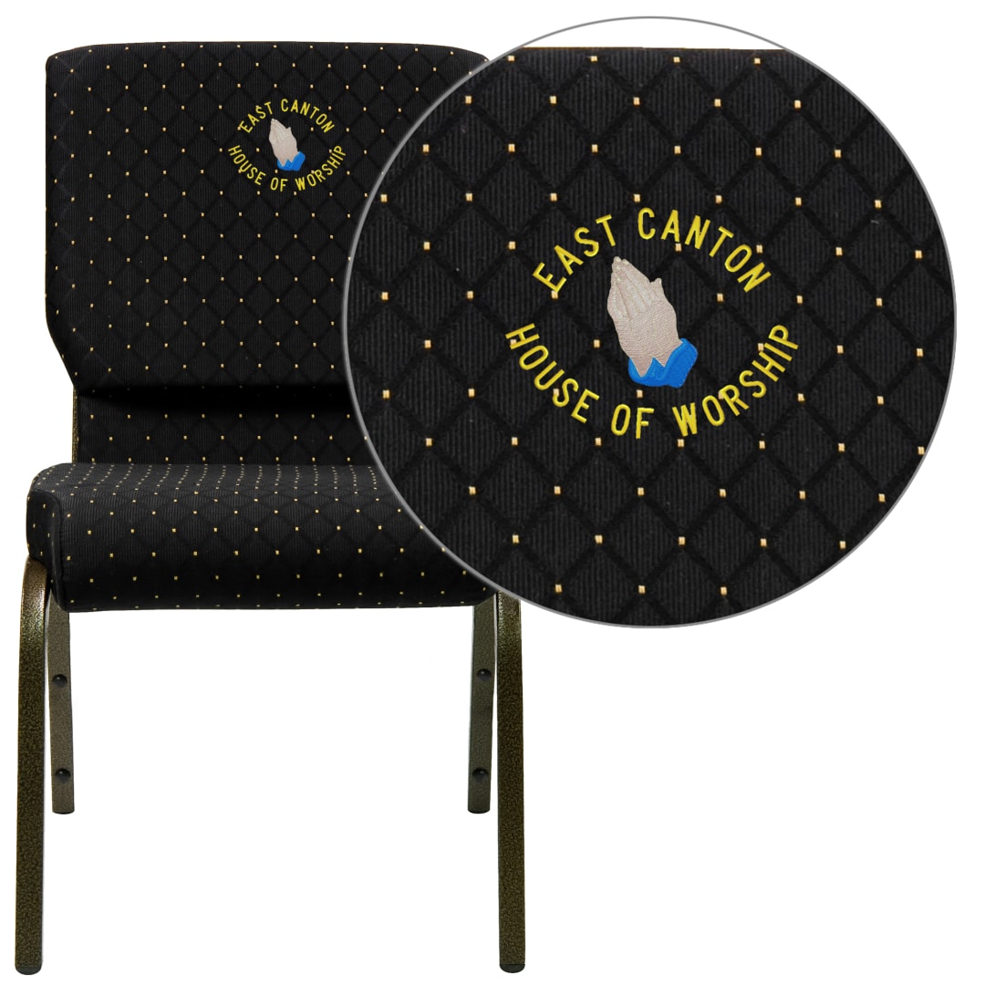 Embroidered HERCULES Series 18.5''W Stacking Church Chair in Black Dot Patterned Fabric - Gold Vein Frame