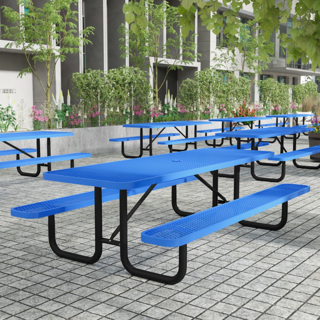 Mantilla 8' Rectangular Outdoor Picnic Table with Commercial Heavy Gauge Expanded Metal Mesh Top and Seats and Steel Frame in Blue