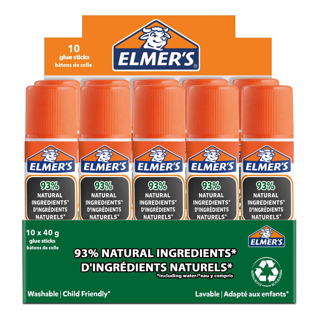 Barras de pegamento puro de Elmer | 93 % de ingredientes naturales | Ideal para clase y manualidades | Lavable y apto para niños | 40 g | paquete de 10