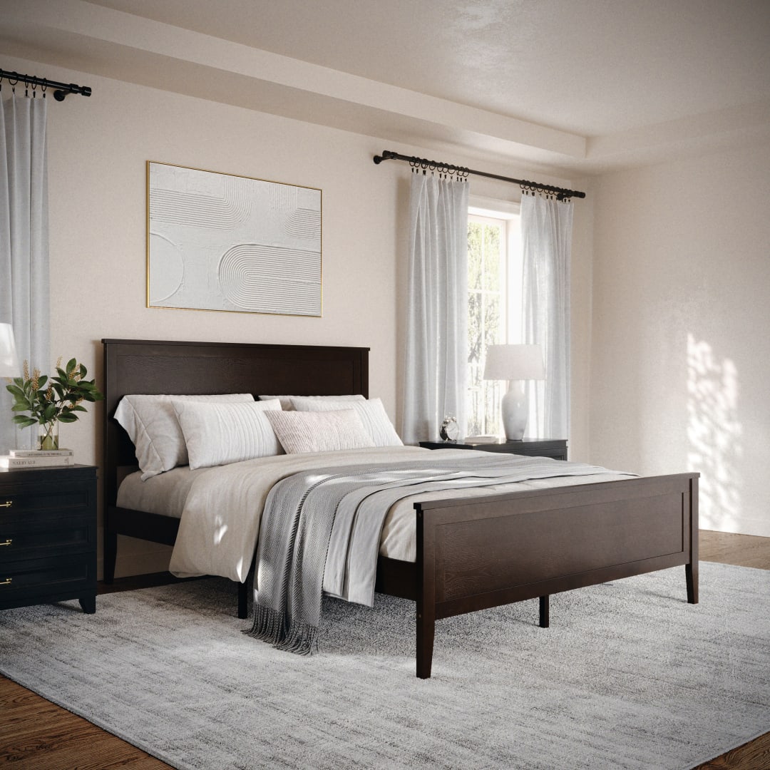 Corbin Queen Size Solid Wood Platform Bed with Wooden Headboard and Footboard, No Box Spring Needed, Dark Brown