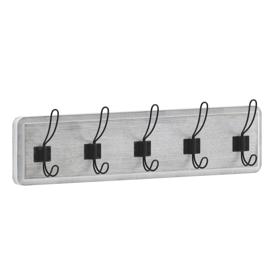 Daly Wall Mounted 24 Inch Whitewashed Solid Pine Wood Storage Rack with 5 Hooks For Entryway, Kitchen, Bathroom