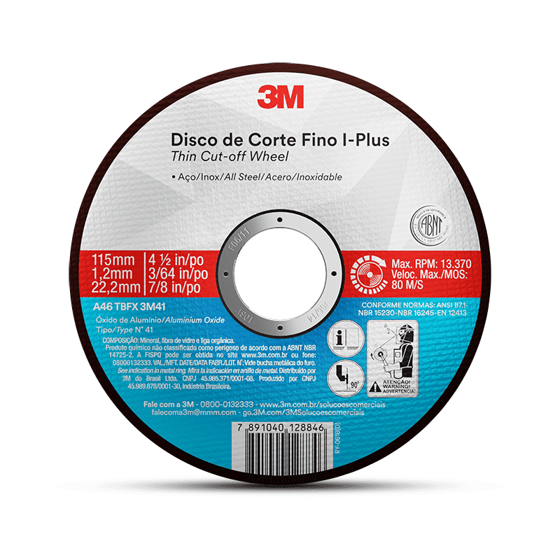 Disco de Corte Fino 3M™ I-PLUS – Diâmetro de 115 mm, Espessura de 1,0 mm, Furo central de 22,2 mm