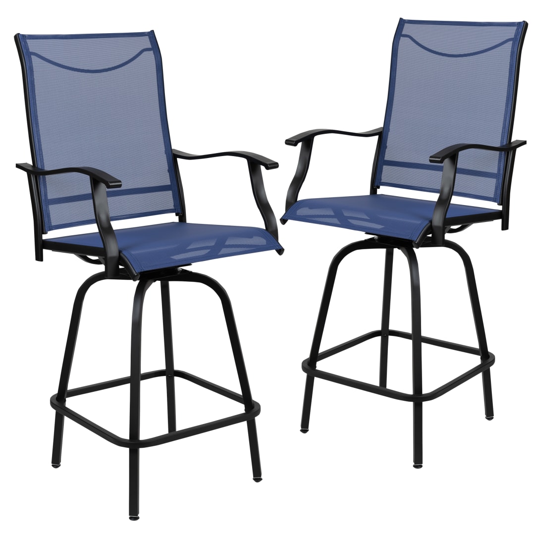 Valerie Patio Bar Height Stools Set of 2, All-Weather Textilene Swivel Patio Stools with High Back & Armrests in Navy