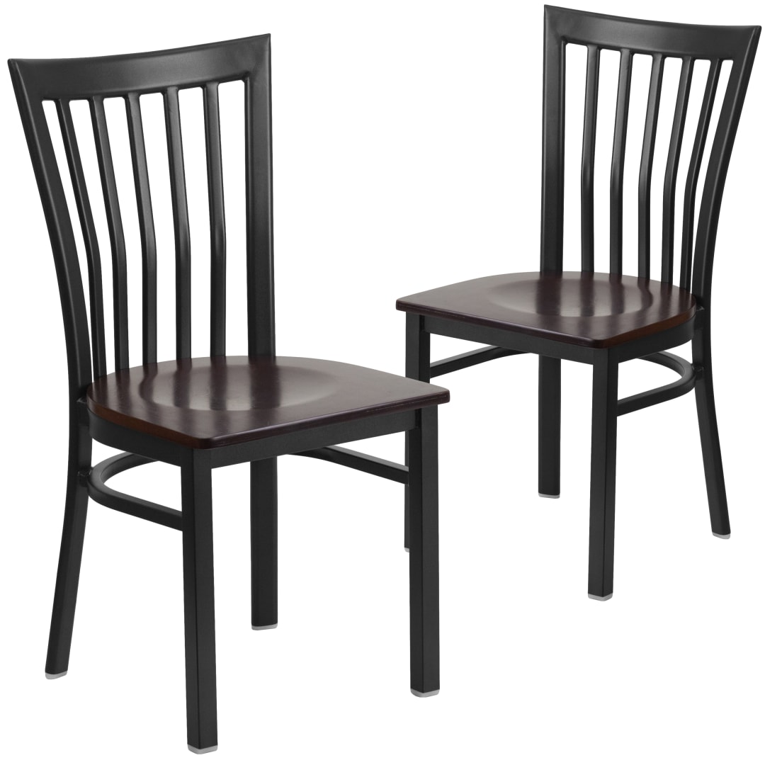 2 Pack HERCULES Series Black School House Back Metal Restaurant Chair - Walnut Wood Seat