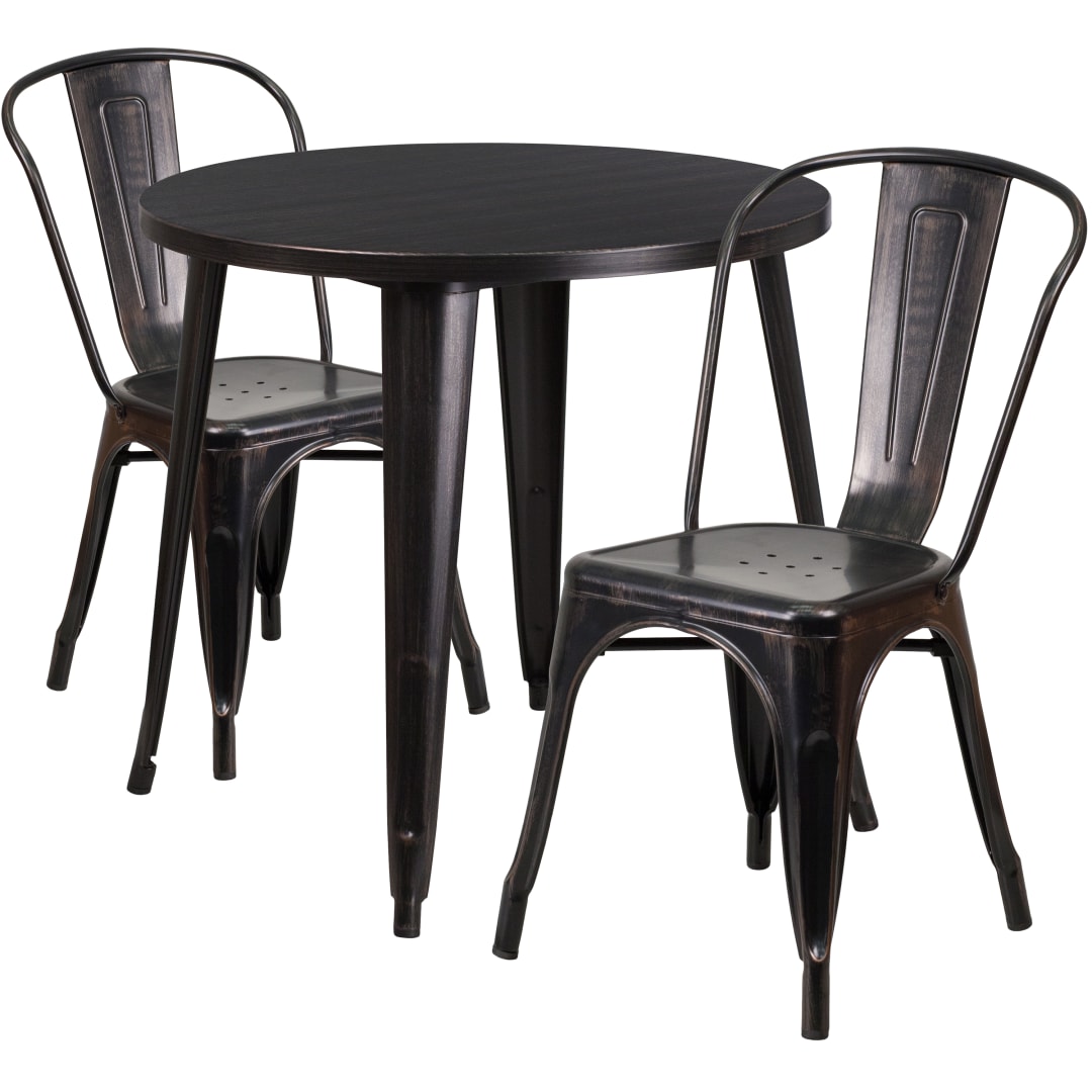 Baker Commercial Grade 30" Round Black-Antique Gold Metal Indoor-Outdoor Table Set with 2 Cafe Chairs