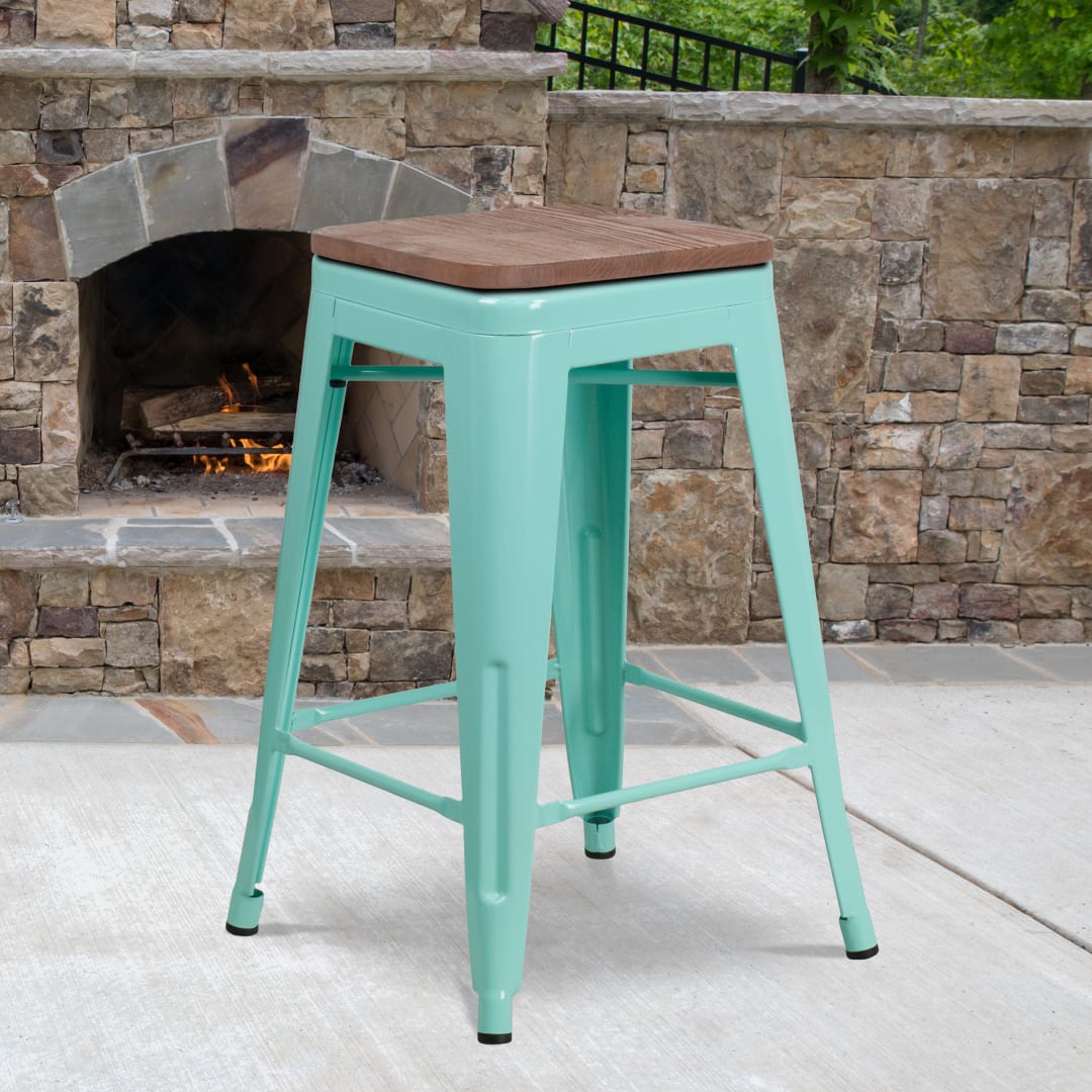 Sinclair 24" High Backless Mint Green Counter Height Stool with Square Wood Seat