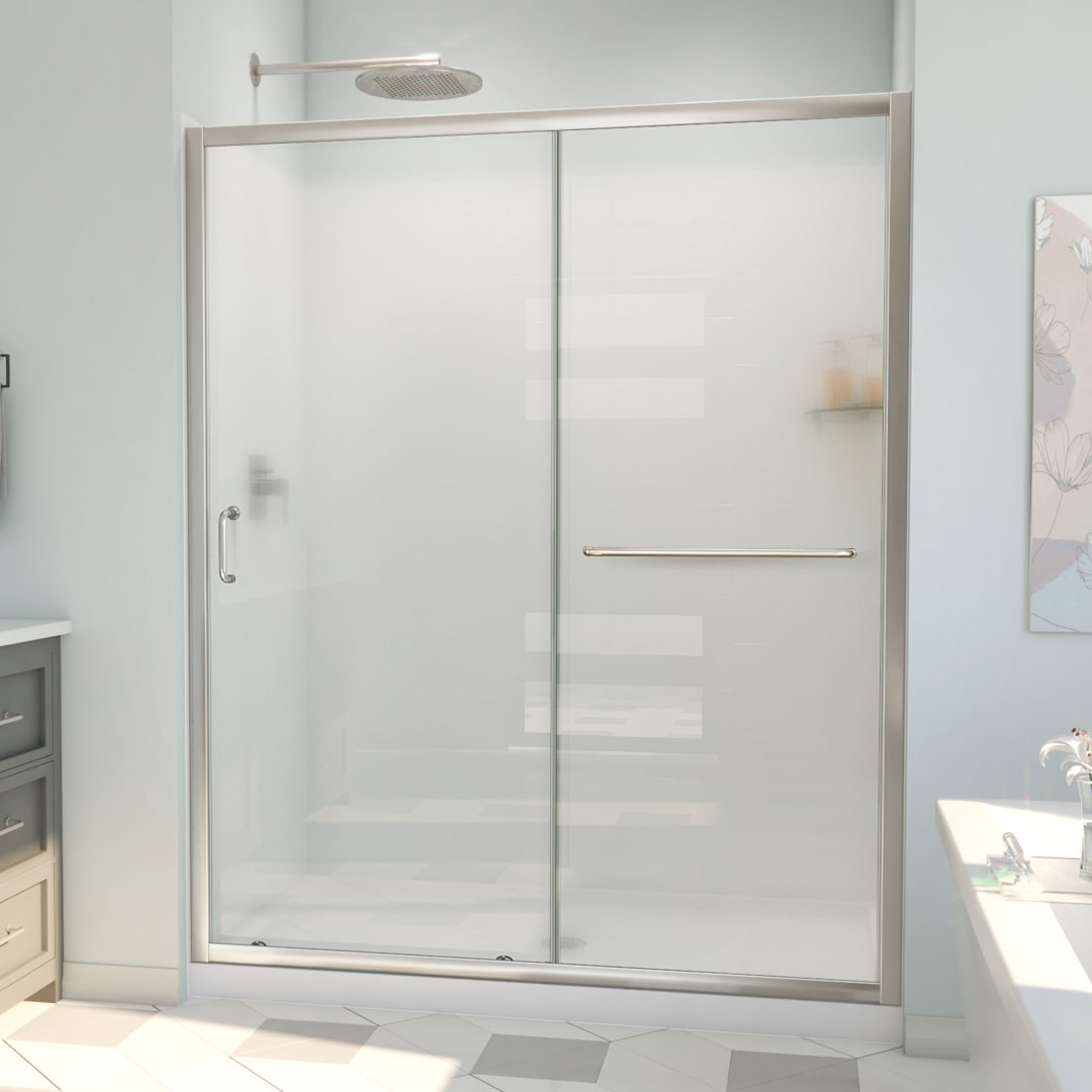 DreamLine Infinity-Z 30 inch D x 60 inch W x 78 3/4 inch H Semi-Frameless Sliding Shower Door in Brushed Nickel and Frosted Glass, Center Drain Shower Base, and Wall Kit in White