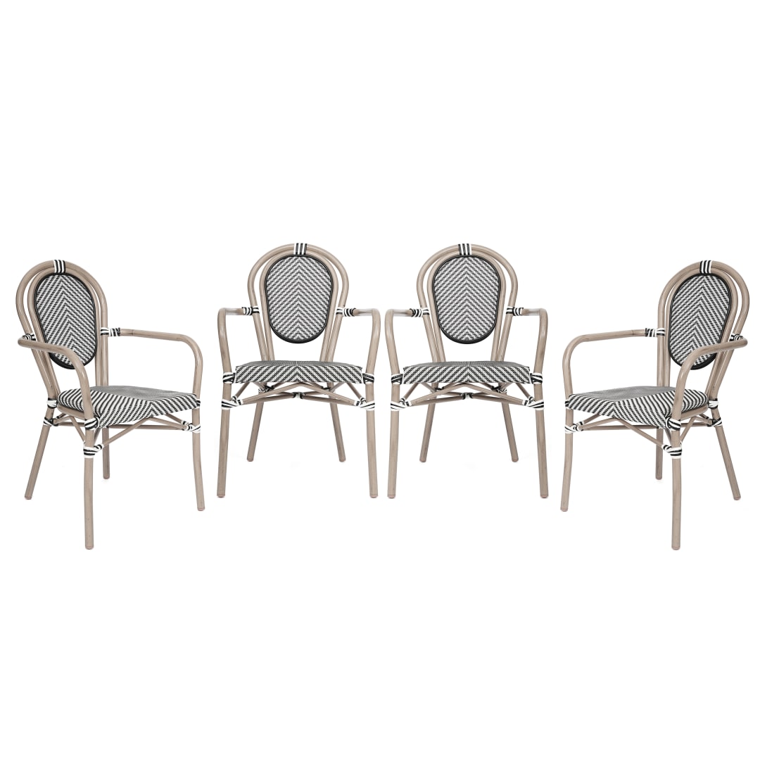4 Pack Marseille Indoor/Outdoor Commercial Thonet Bistro Stack Chair with Arms, Black/White Textilene and Bamboo Aluminum Frame in LT Natural
