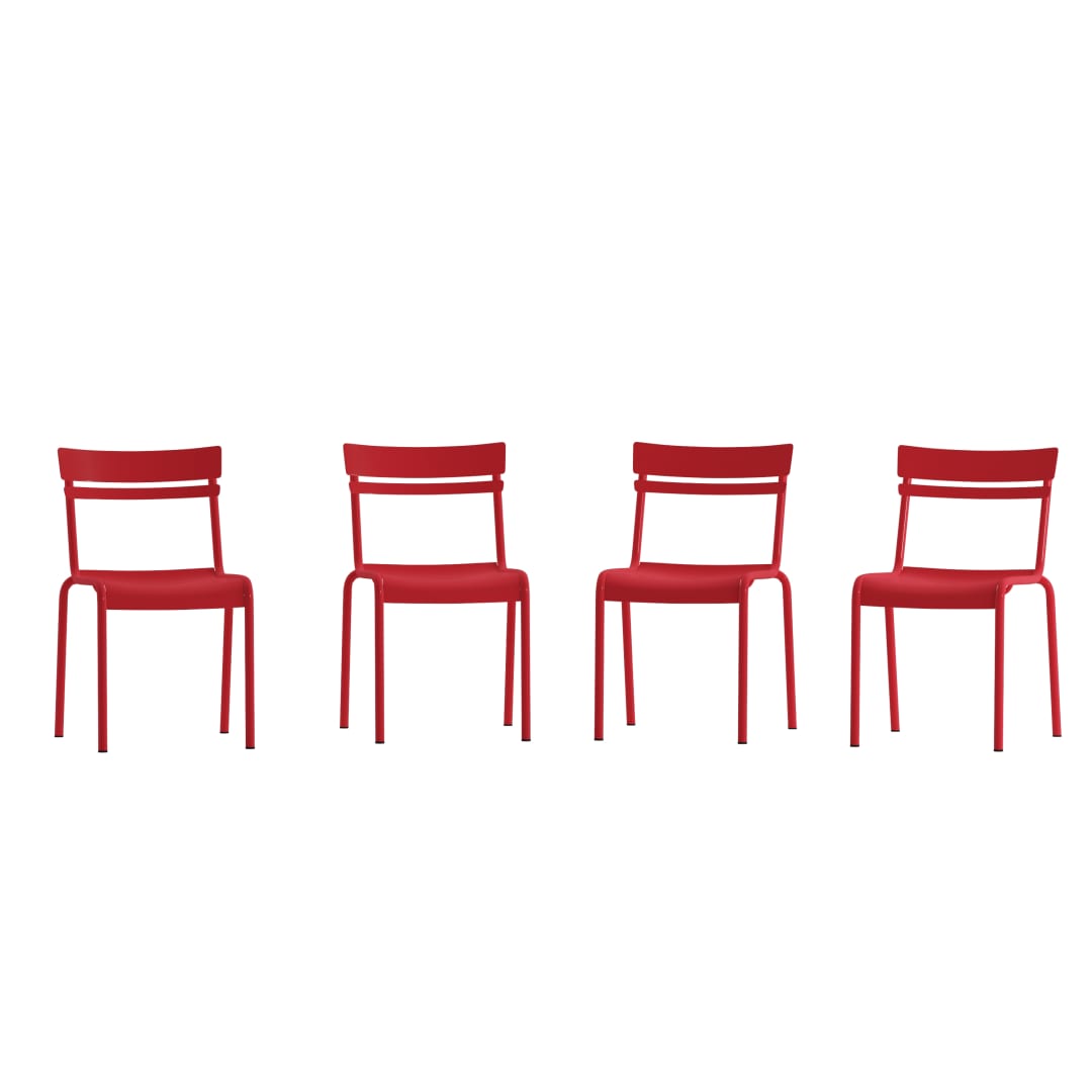 Nash Commercial Grade Steel Stack Chair, Indoor-Outdoor Armless Chair with 2 Slat Back in Red, Set of 4