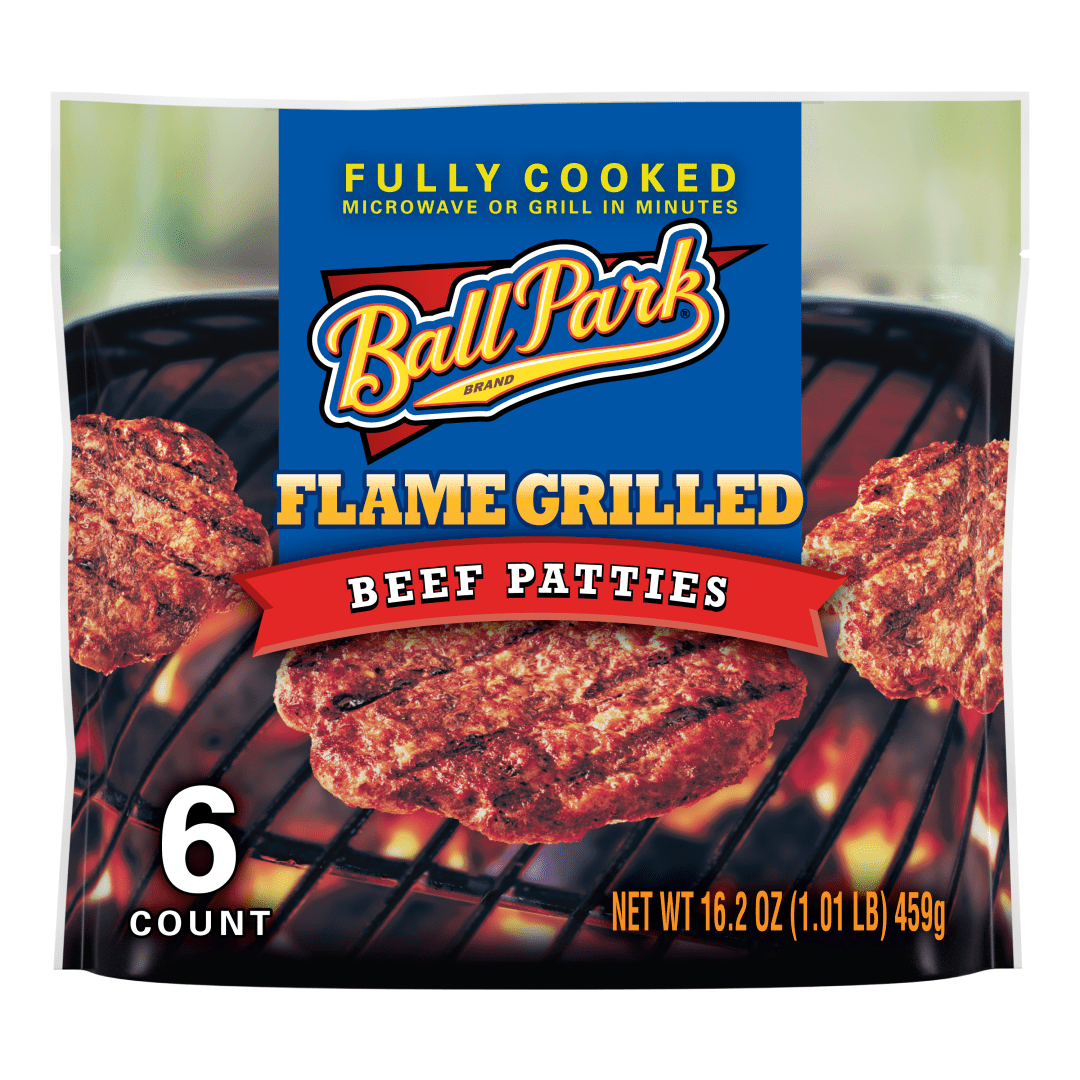 Ball Park Fully-Cooked Flame Grilled Original Beef Patties, Frozen, Resealable Package, 6 Count