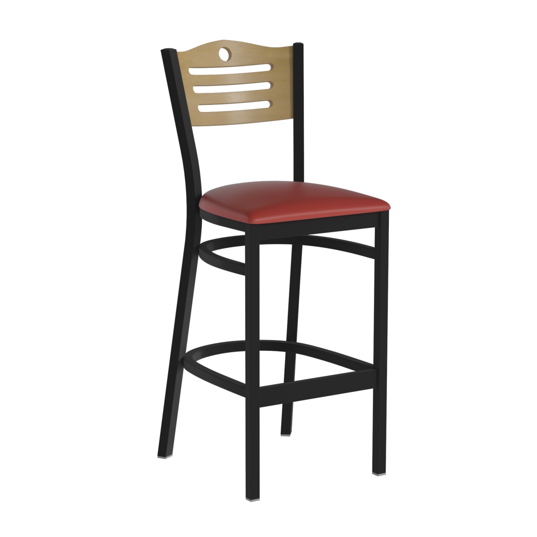 HERCULES Black Slat Back Metal Restaurant Barstool - Natural Wood Back, Red Vinyl Seat