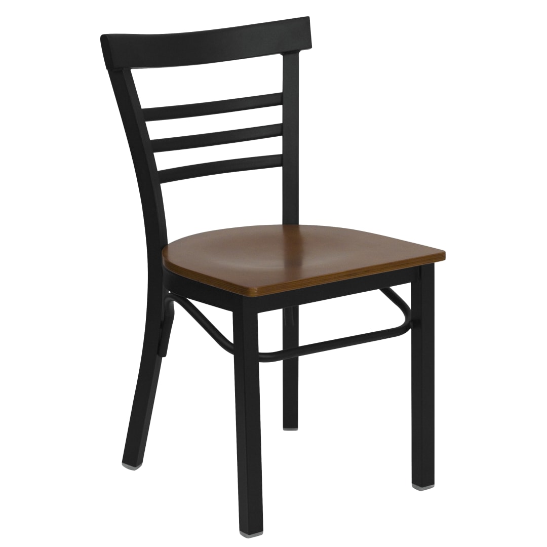 4 Pk. HERCULES Series Black Three-Slat Ladder Back Metal Restaurant Chair - Cherry Wood Seat