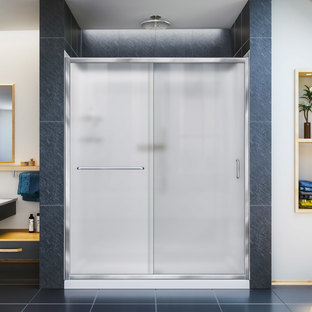 DreamLine Infinity-Z 36 inch D x 60 inch W x 76 3/4 inch H Semi-Frameless Sliding Shower Door in Chrome and Frosted Glass, Left Drain Shower Base, and Wall Kit in White