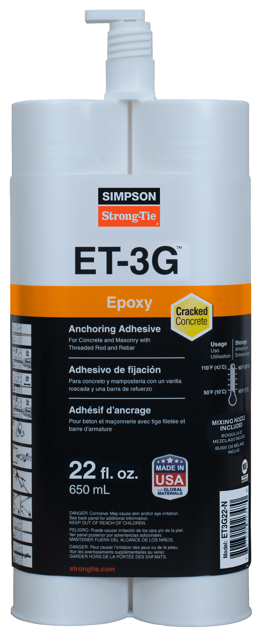 Simpson Strong-Tie ET3G22-N ET-3G™ 22 oz. Epoxy Adhesive Cartridge w/ Nozzle and Extension