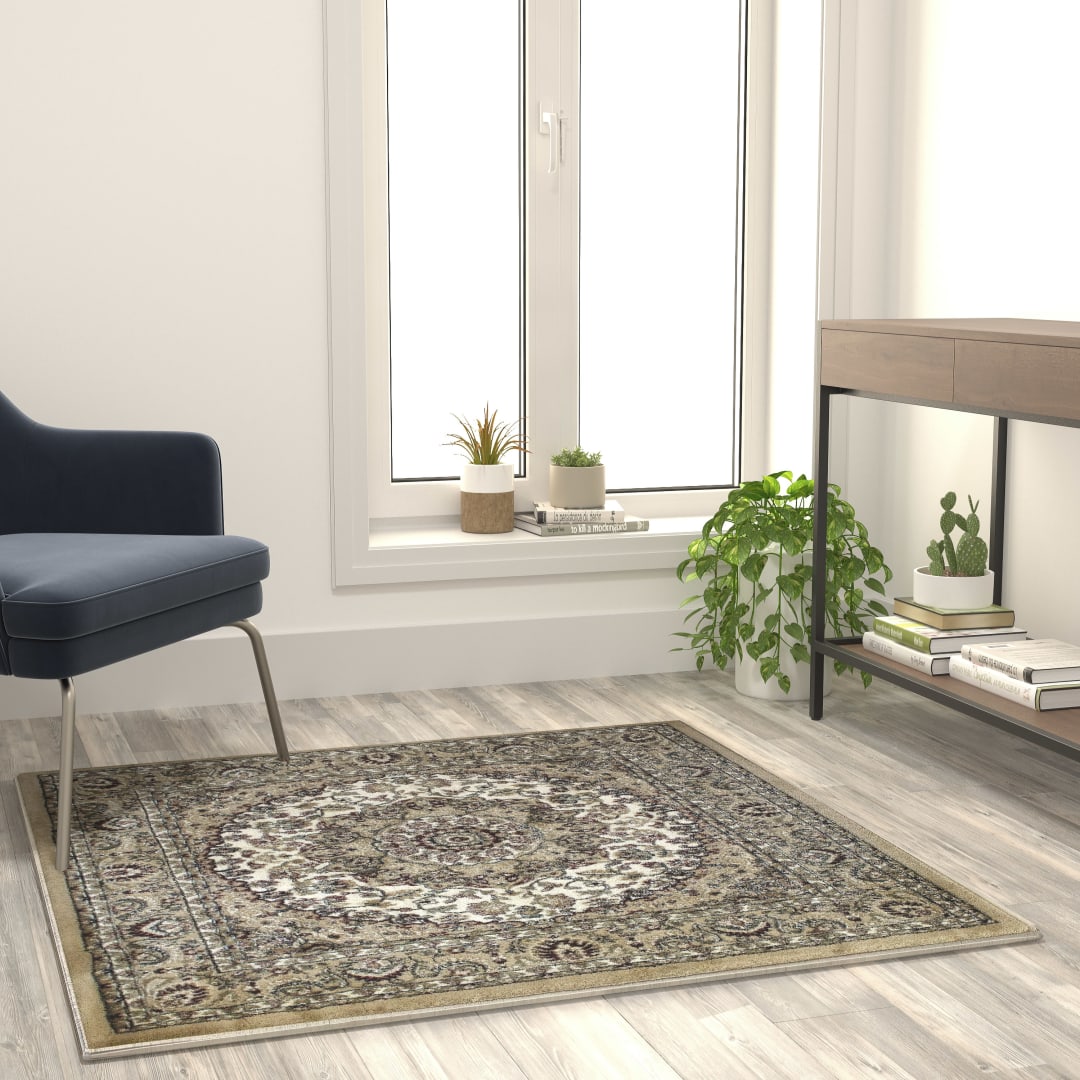 Mersin Collection Persian Style 4x4 Ivory Square Area Rug-Olefin Rug with Jute Backing-Hallway, Entryway, Bedroom, Living Room