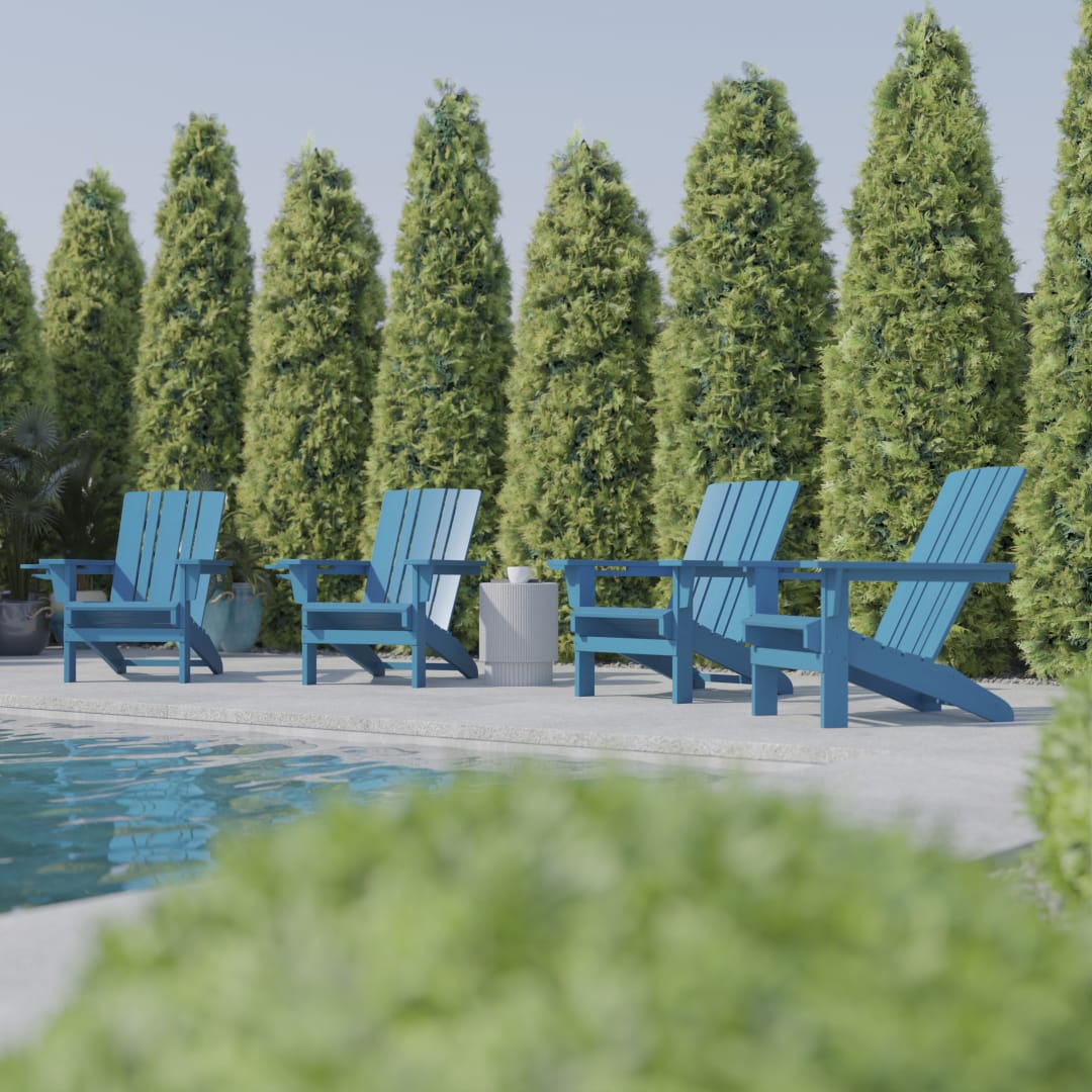 Halifax Adirondack Chair with Cup Holder, Weather Resistant HDPE Adirondack Chair in Blue, Set of 4