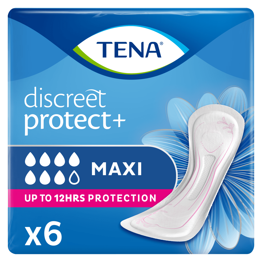 TENA Discreet Protect+ Maxi Incontinence Pads for Women - For Heavy Bladder Weakness, Postpartum &amp; Post-Surgery Use - Up to 12 Hours Protection - Pack of 6