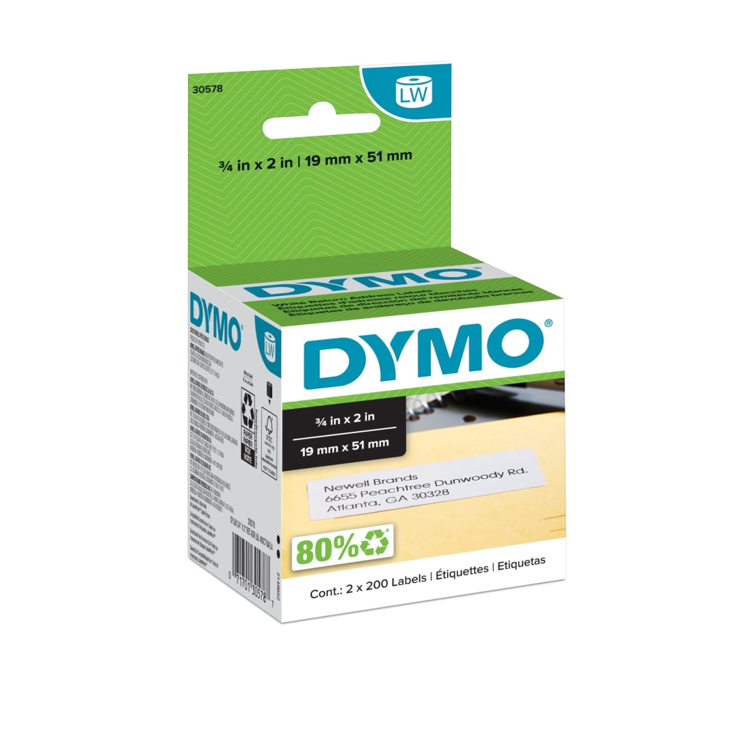 DYMO® Authentic LW Return Address Labels, 3/4-Inch x 2-Inch, White, Self-Adhesive, 2 Rolls of 200, LabelWriter™ Printers