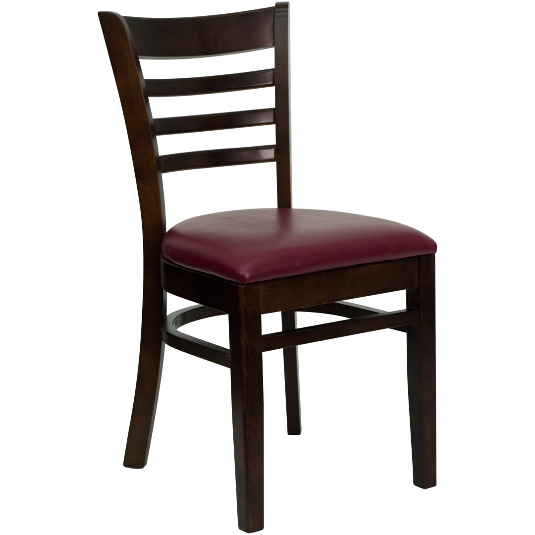 4 Pk. HERCULES Series Ladder Back Walnut Wood Restaurant Chair - Burgundy Vinyl Seat