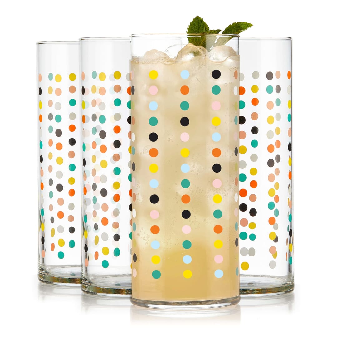 Libbey Vintage Flower Power Party Dots Cooler Glasses, 16-ounce, Set of 4