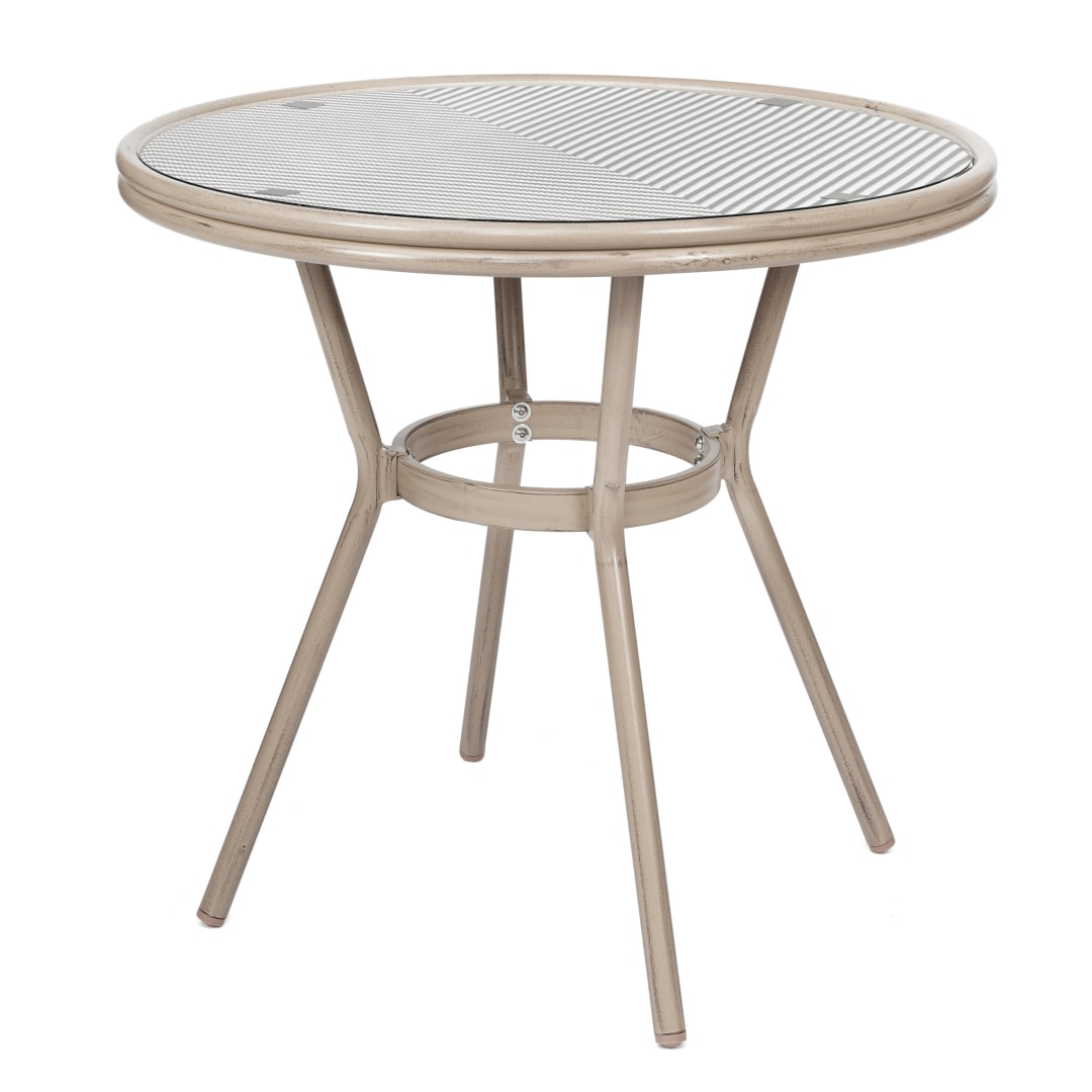 Marseille Indoor/Outdoor Commercial Bistro 31.5" Table, Black/White Textilene, Glass Top, Bamboo Print Aluminum Frame in Light Natural