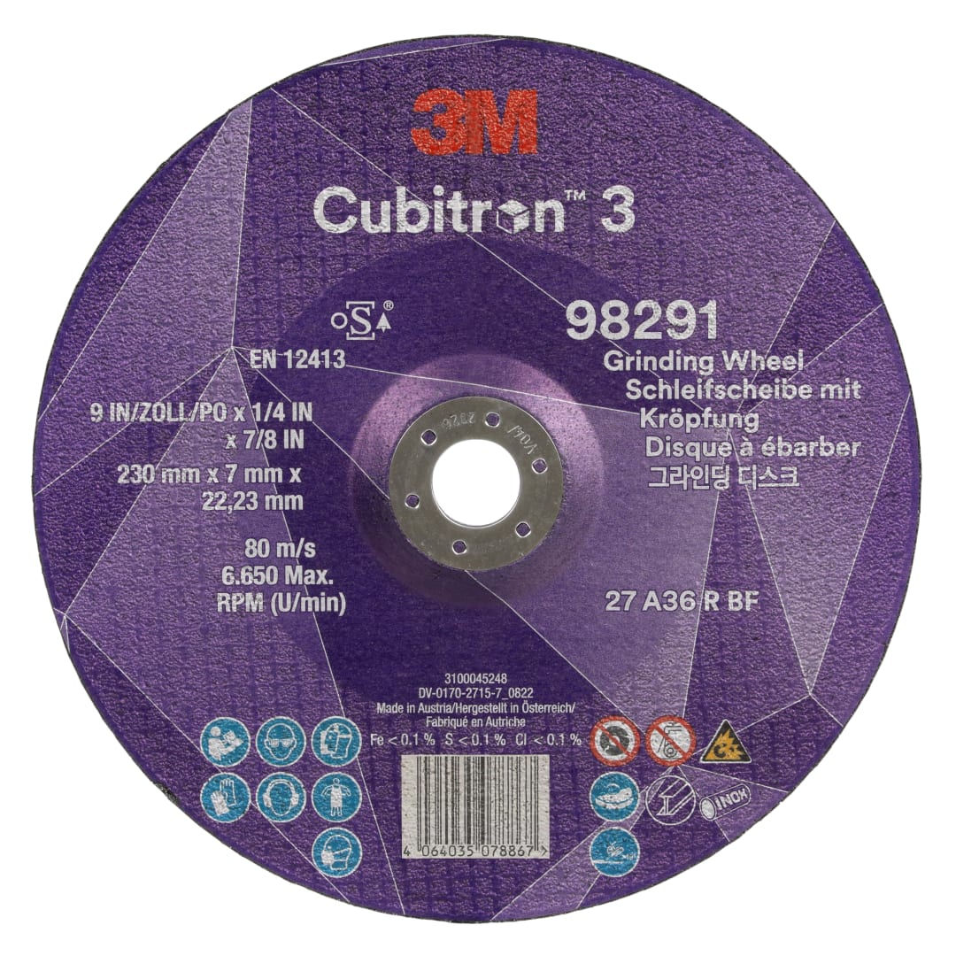 3M™ Cubitron™ 3 Bombeli Taşlama Taşı, 98291, 36+, T27, 230 mm x 7 mm x 22,23 mm, EN, 10/Paket, 20 adet/Kutu