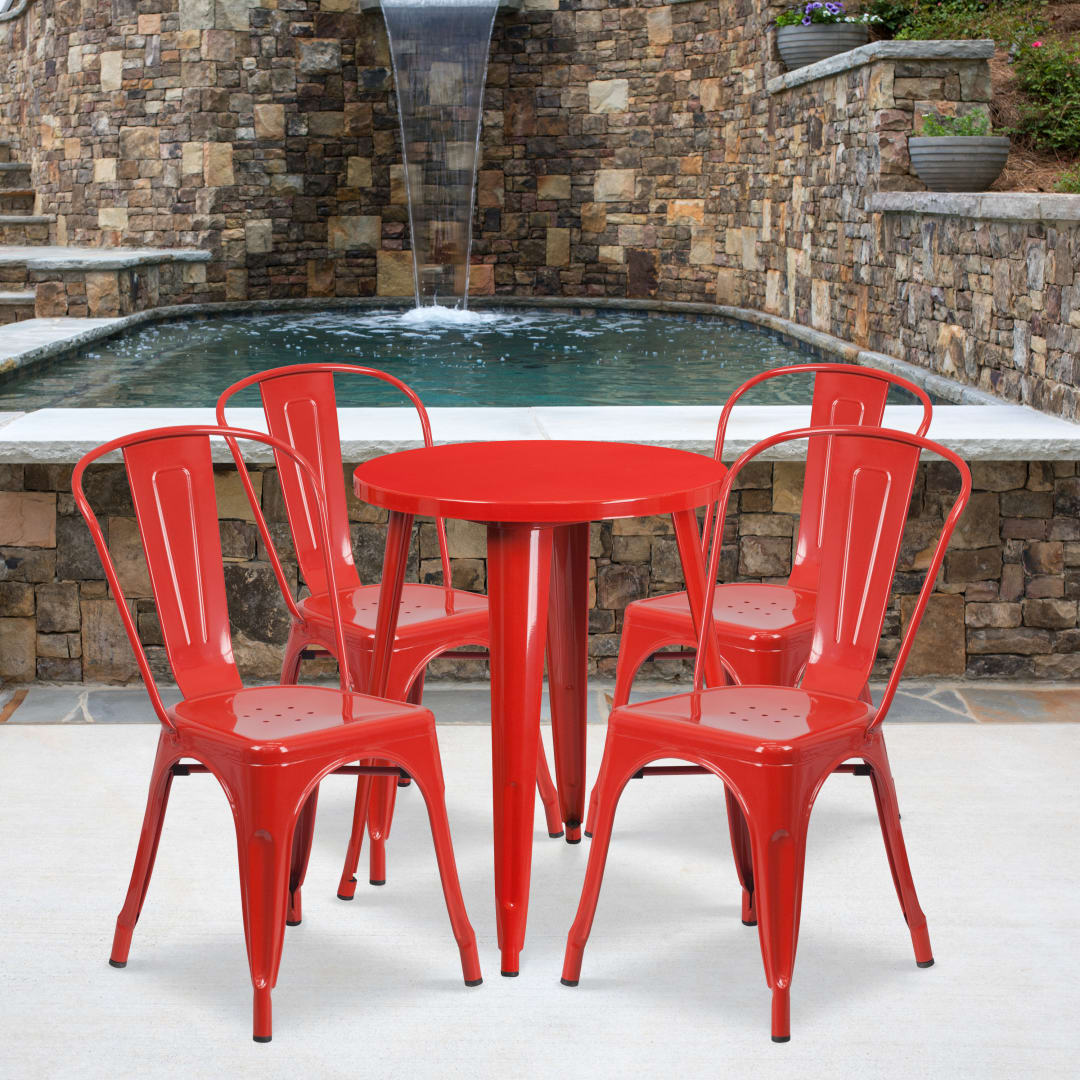 Chauncey Commercial Grade 24" Round Red Metal Indoor-Outdoor Table Set with 4 Cafe Chairs
