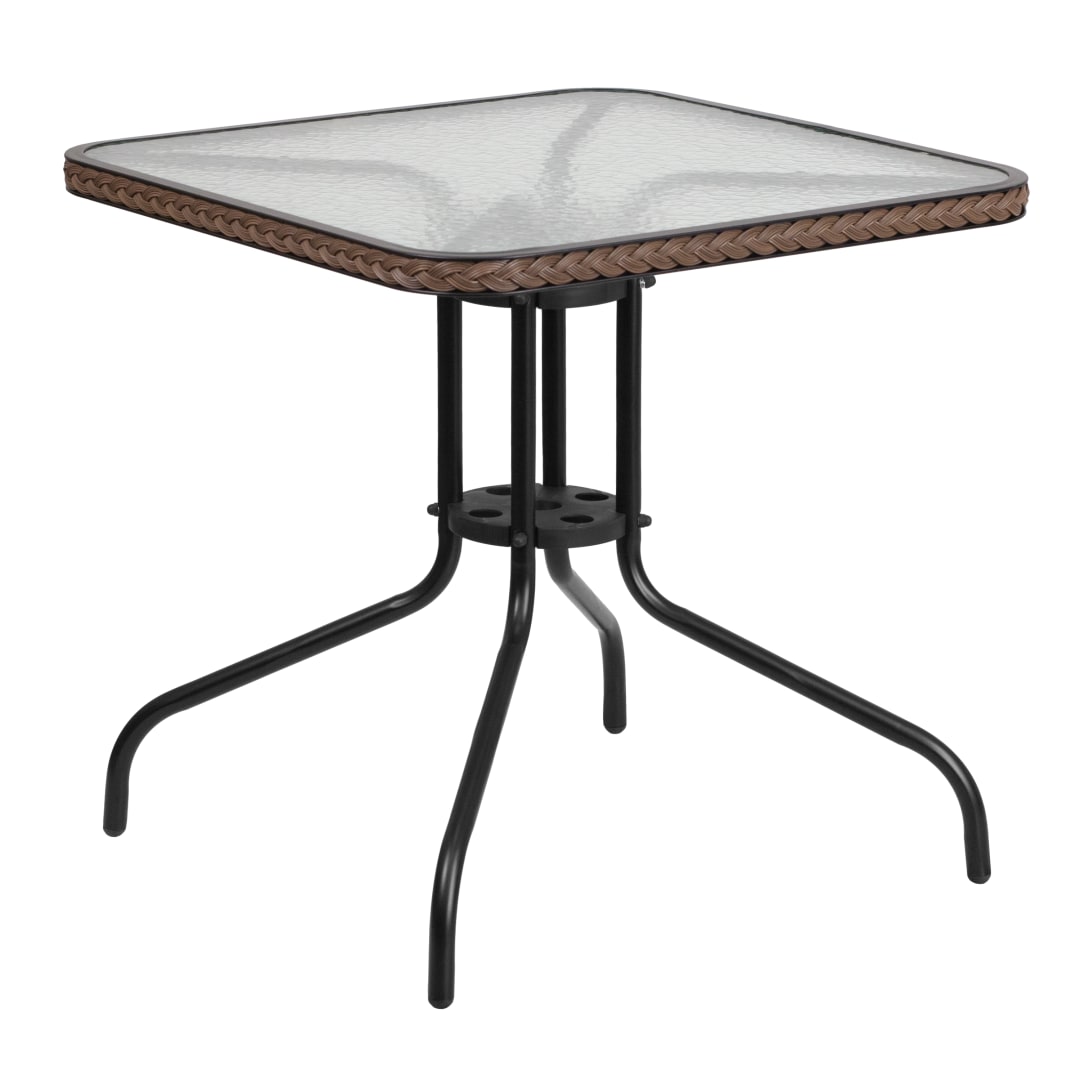 Barker 28'' Square Tempered Glass Metal Table with Dark Brown Rattan Edging