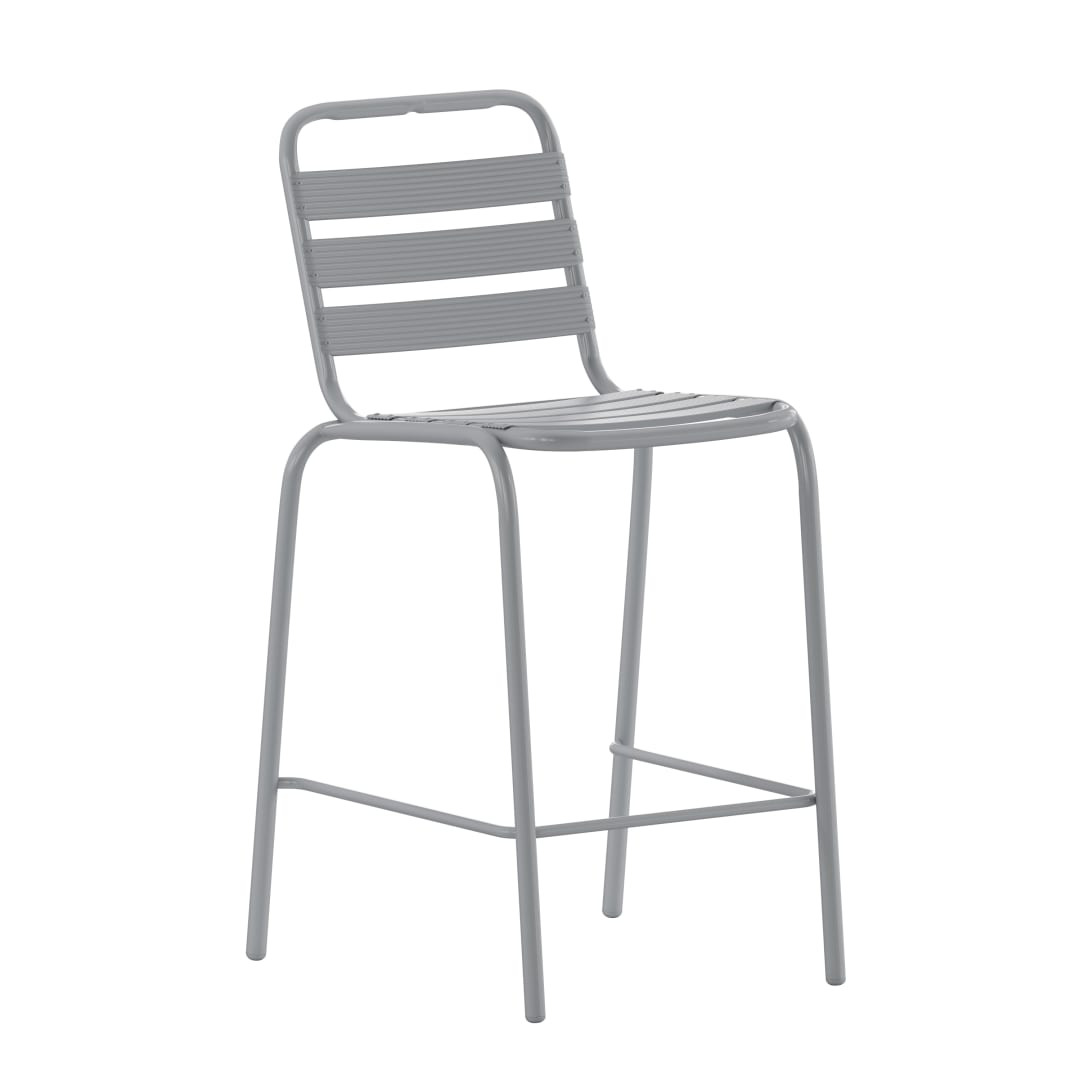 Lila Commercial Silver Metal Indoor-Outdoor Restaurant Bar Height Stool with Metal Triple Slat Back
