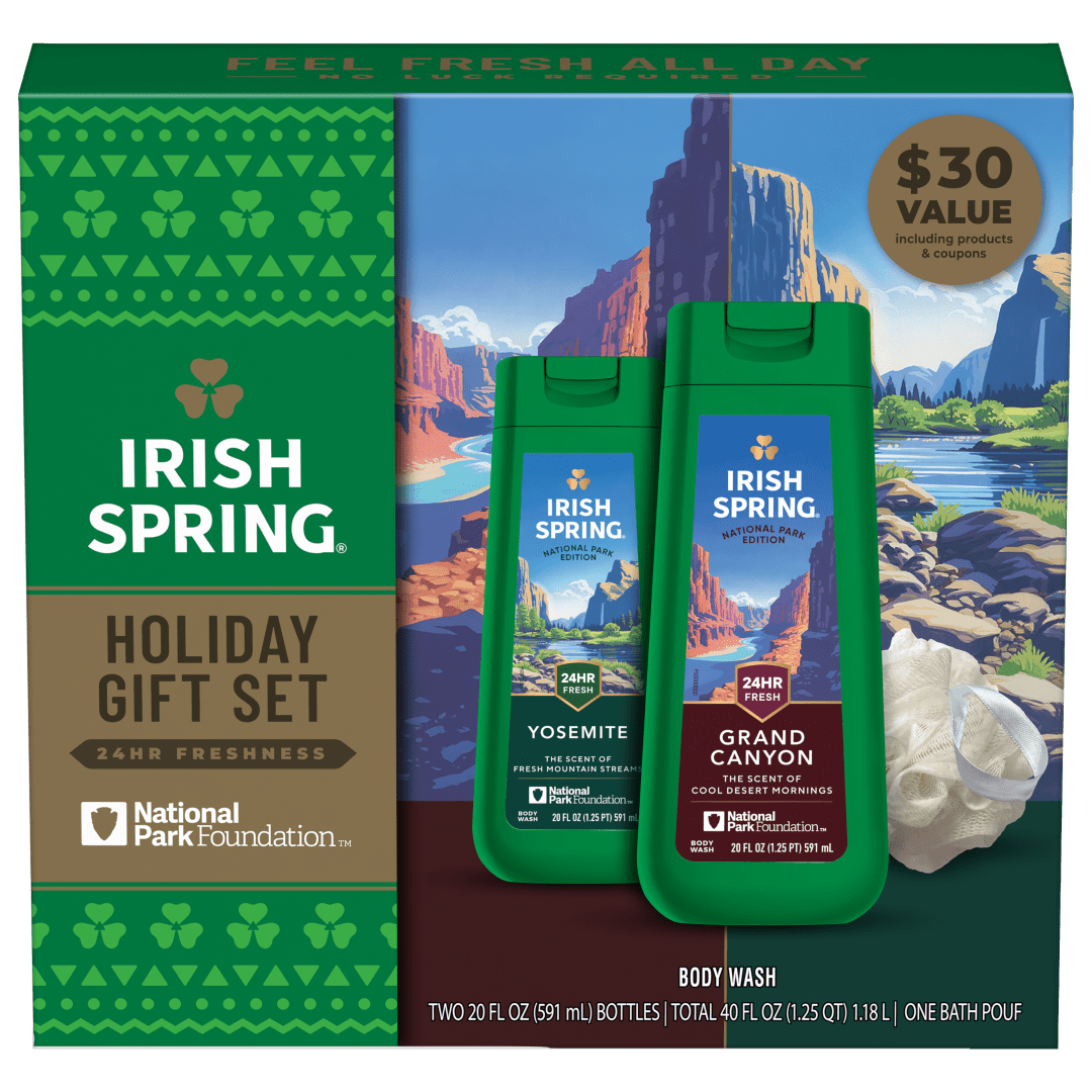 Irish Spring National Parks Limited Edition Gift Set, Yosemite & Grand Canyon Body Wash, 2 x 20 fl oz Bottles Plus Bath Pouf