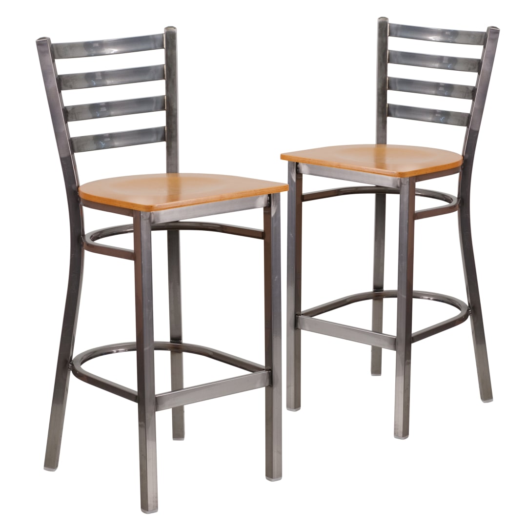 2 Pack HERCULES Series Silver Antique Finish with Clear Coat Ladder Back Metal Restaurant Barstool - Natural Wood Seat
