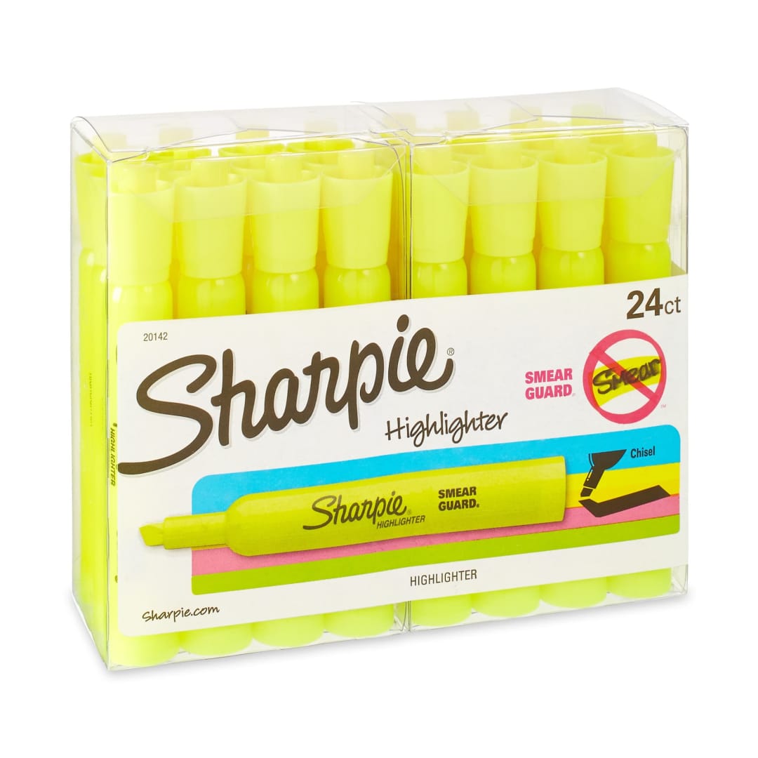 Sharpie® Tank Style Highlighters, Chisel Tip, Fluorescent Yellow, Box of 24