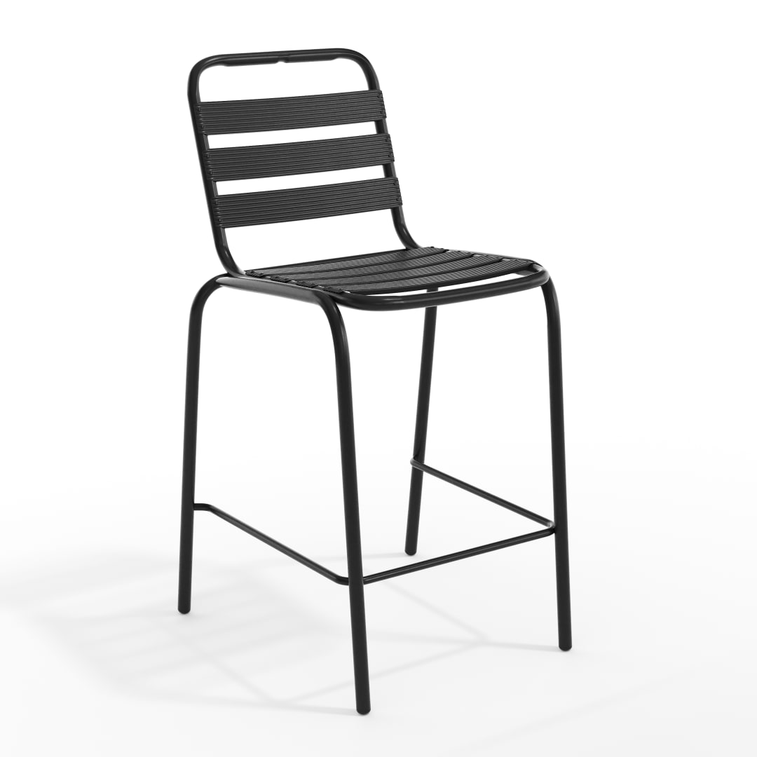 Lila Commercial Black Metal Indoor-Outdoor Restaurant Bar Height Stool with Metal Triple Slat Back