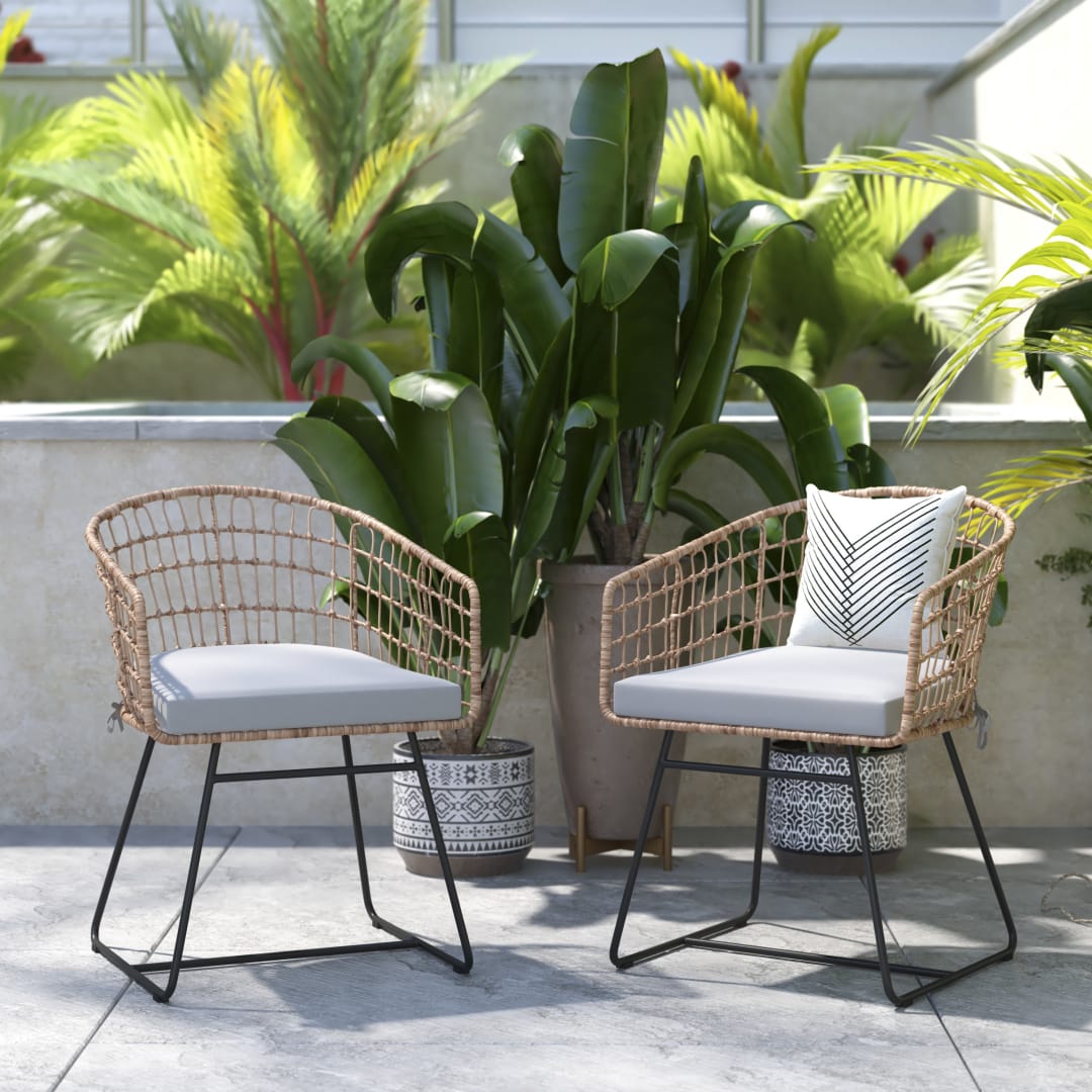 Devon Set of 2 Indoor/Outdoor Patio Boho Club Chairs, Rope with Natural PE Wicker Rattan, Light Gray Cushions and Sled Base