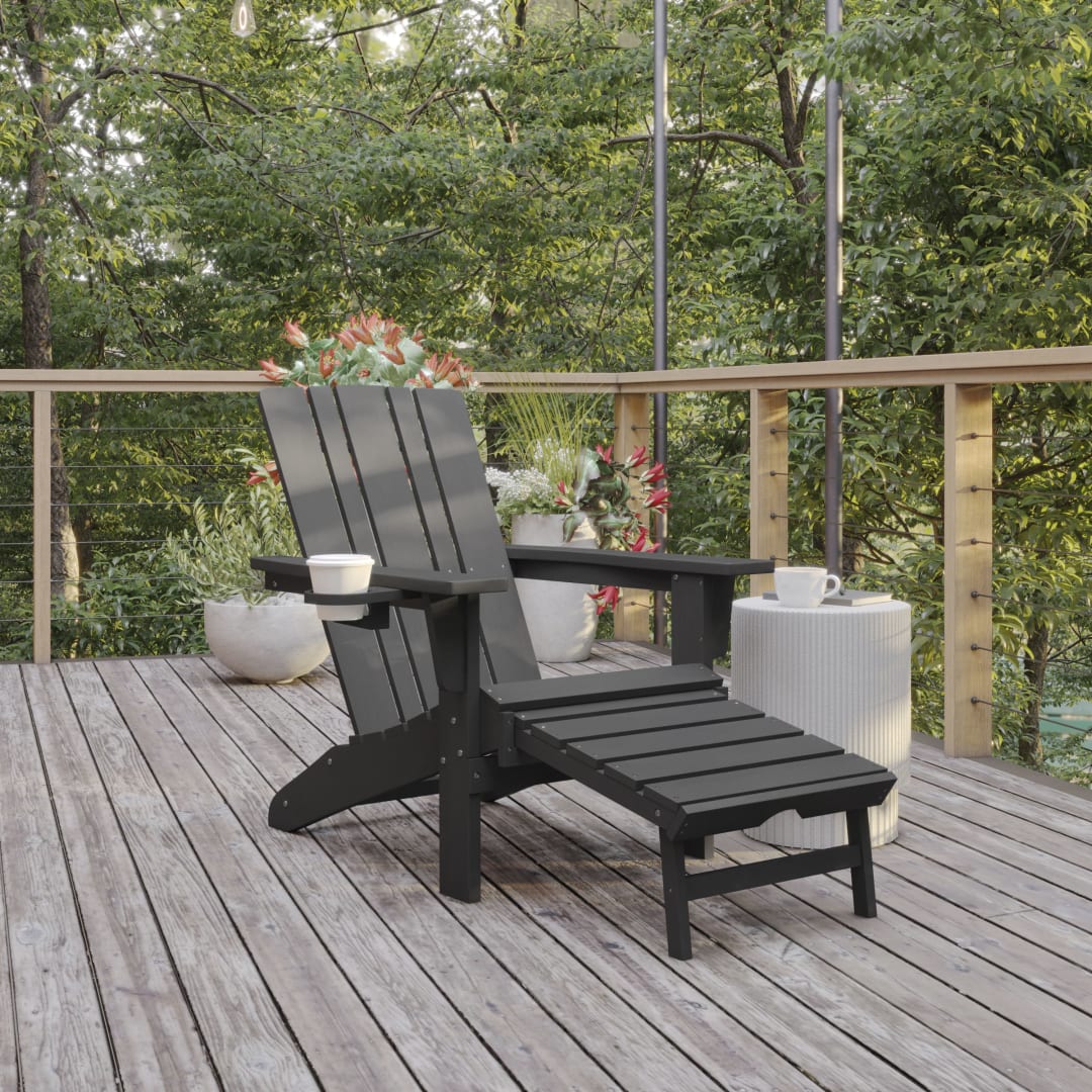 Halifax HDPE Adirondack Chair with Cup Holder and Pull Out Ottoman, All-Weather HDPE Indoor/Outdoor Lounge Chair in Gray