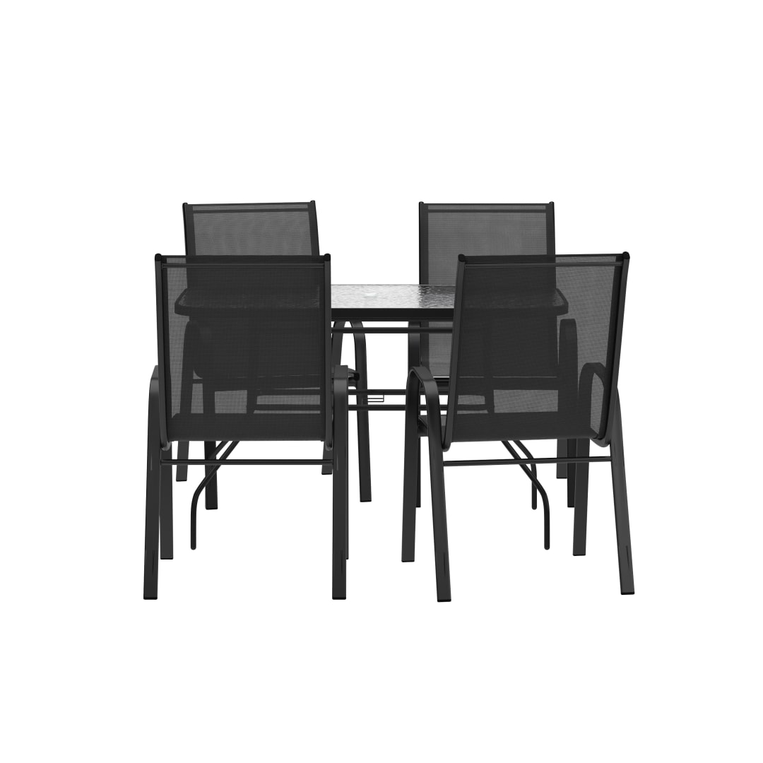 Brazos 5 Piece Commercial Grade Patio Dining Set with Tempered Glass Patio Table with 4 Chairs with Black Flex Comfort Material Seats and Backs