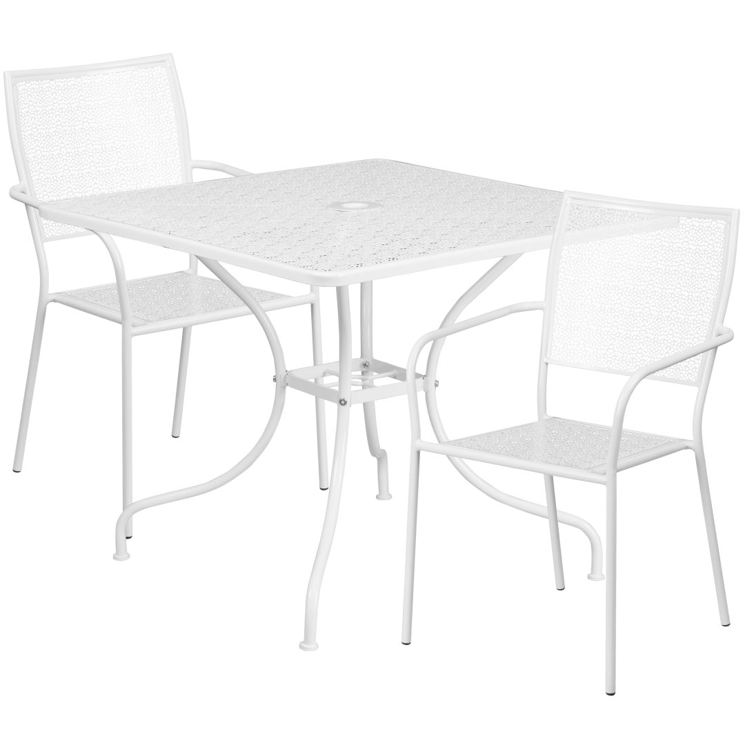 Oia Commercial Grade 35.5" Square White Indoor-Outdoor Steel Patio Table Set with 2 Square Back Chairs