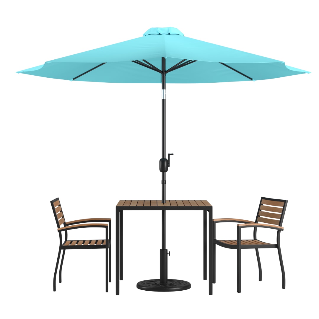 Lark 5 Piece Outdoor Patio Dining Table Set - 2 Synthetic Teak Stackable Chairs, 36" Square Table, Teal Umbrella & Base