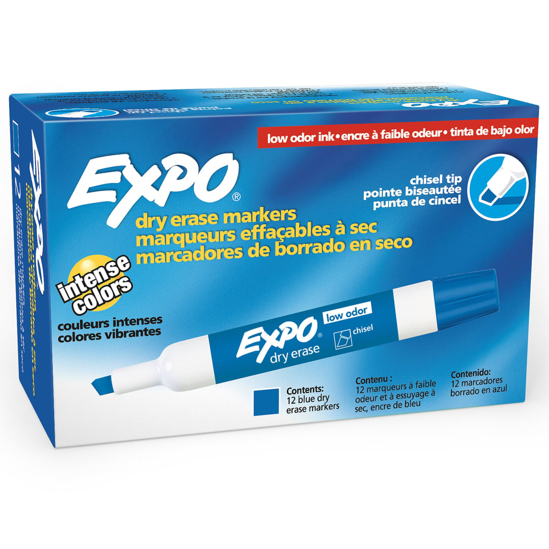 EXPO® Low Odor Dry Erase Markers, Chisel Tip, Blue, 12 Count
