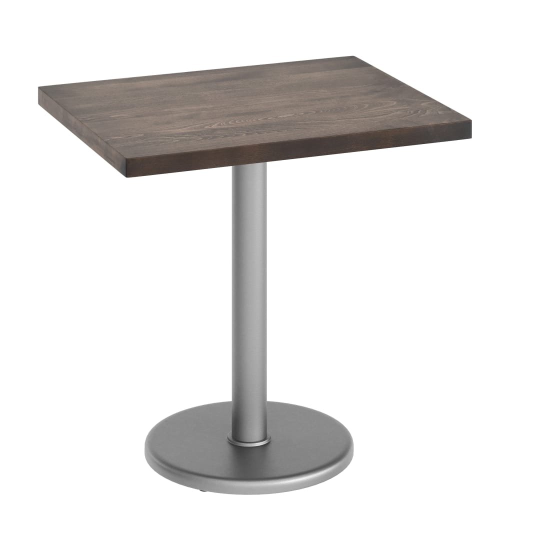 Bennett 24" x 30" Solid Wood Commercial Indoor Tabletop in Dark Brown with 18" Round Dining Height Rust-Resistant Silver Cast Iron Base