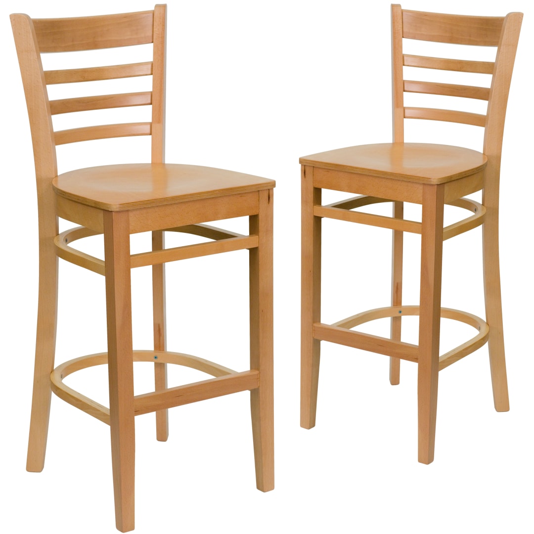 2 Pack HERCULES Series Ladder Back Natural Wood Restaurant Barstool