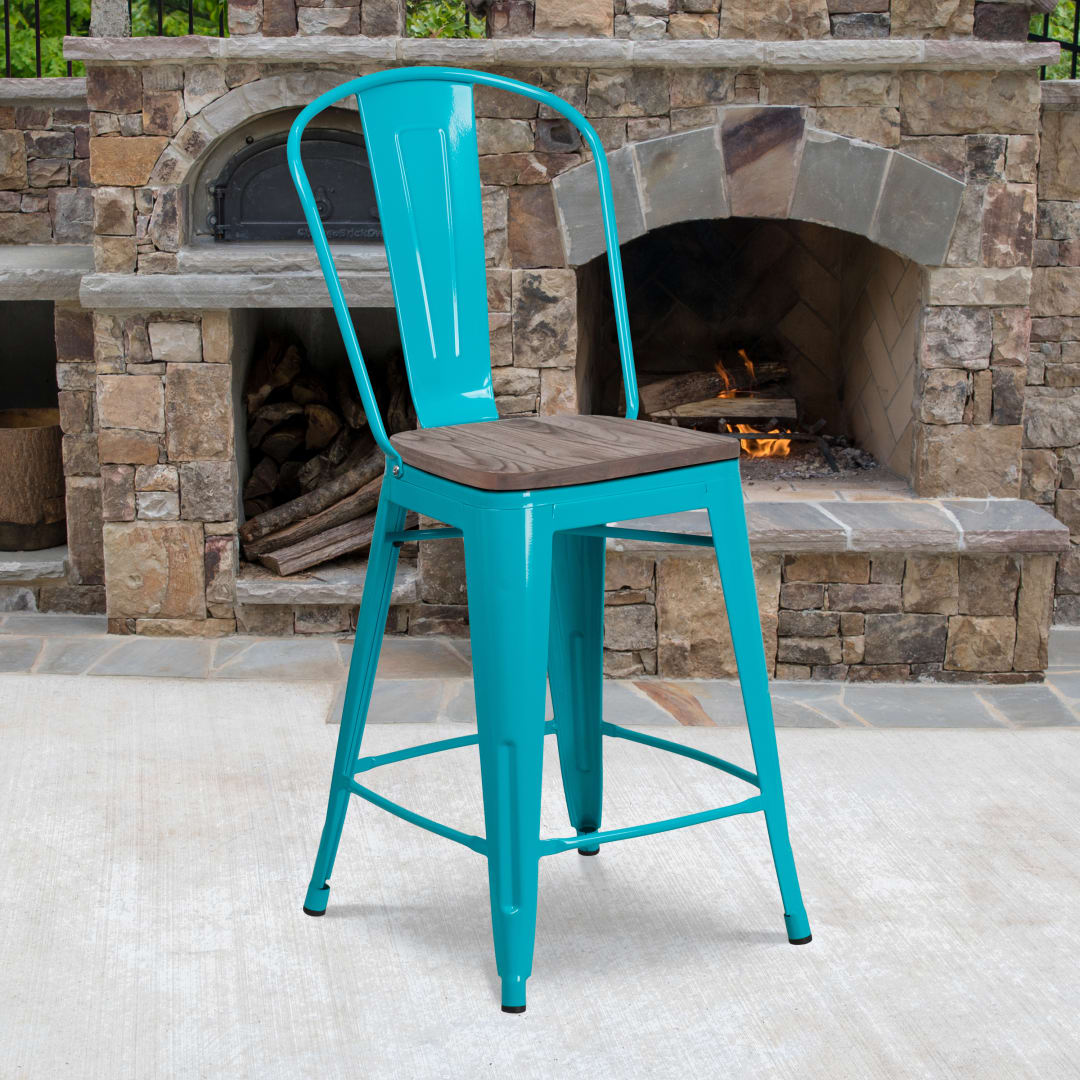 Carly 24" High Crystal Teal-Blue Metal Counter Height Stool with Back and Wood Seat