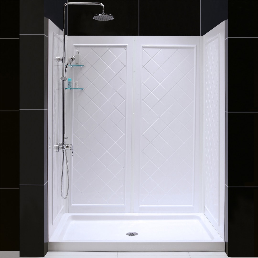 DreamLine 32 inch D x 60 inch W x 76 3/4 inch H Center Drain Shower Base and QWALL-5 Wall Kit In White